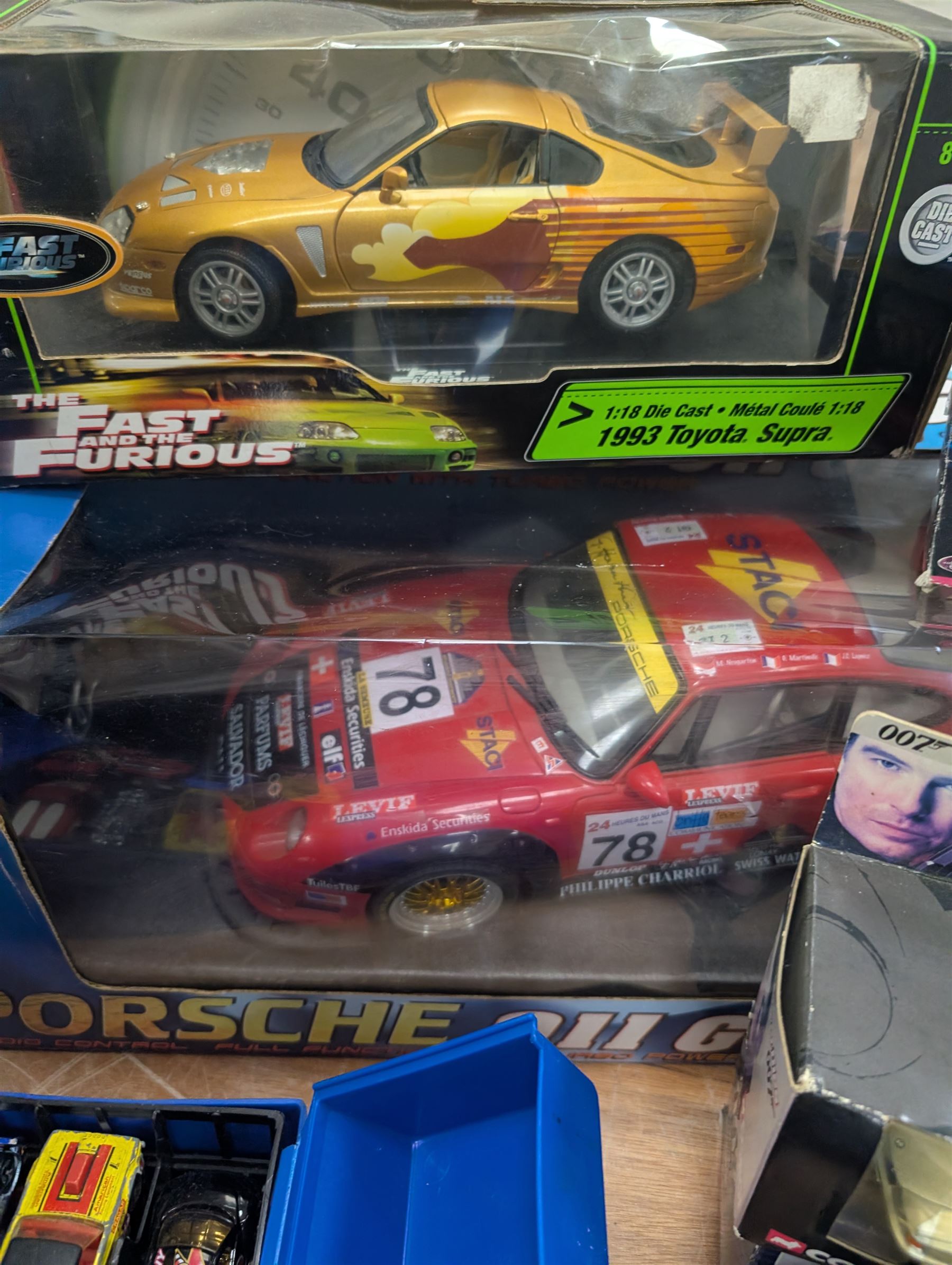 Radio Control Porsche 911 GT2, boxed, Joyride The Fast and The Furious 1:18 scale diecast model, Corgi James Bond vehicles, and a large collection of loose diecast cars, including Matchbox examples