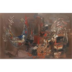Roy McCallum (British 20th century): 'Vanity' - Abstract Roosters, impasto oil on board signed, titled and signed verso 51cm x 79cm