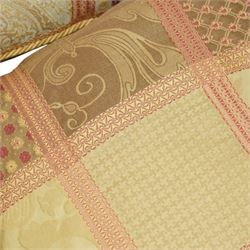 Contemporary set of six jacquard woven scatter cushions, each with a patchwork effect of floral, damask and dotted motifs in a palette of gold, blush, and cream, piped edging throughout, together with a square cushion with embroidered tree and bird design on a cream linen ground (H 40cm, W 40cm, D 14cm)