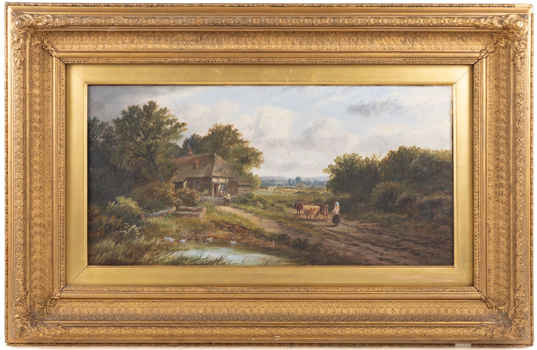 Continental School (20th Century): Harbour Scene, oil on canvas board indistinctly signed 58cm x 78cm; E Atkins (19th Century): Pastoral Scene, oil on canvas indistinctly signed and dated 1879, in gilt frame, 30cm x 60cm (2)