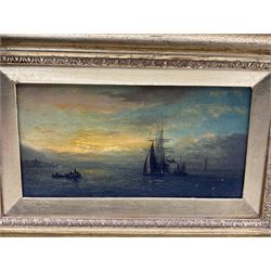 William Adolphus Knell (British 1801-1875): Shipping at Sunrise and Sunset, pair oils on canvas signed 13cm x 26cm (2)