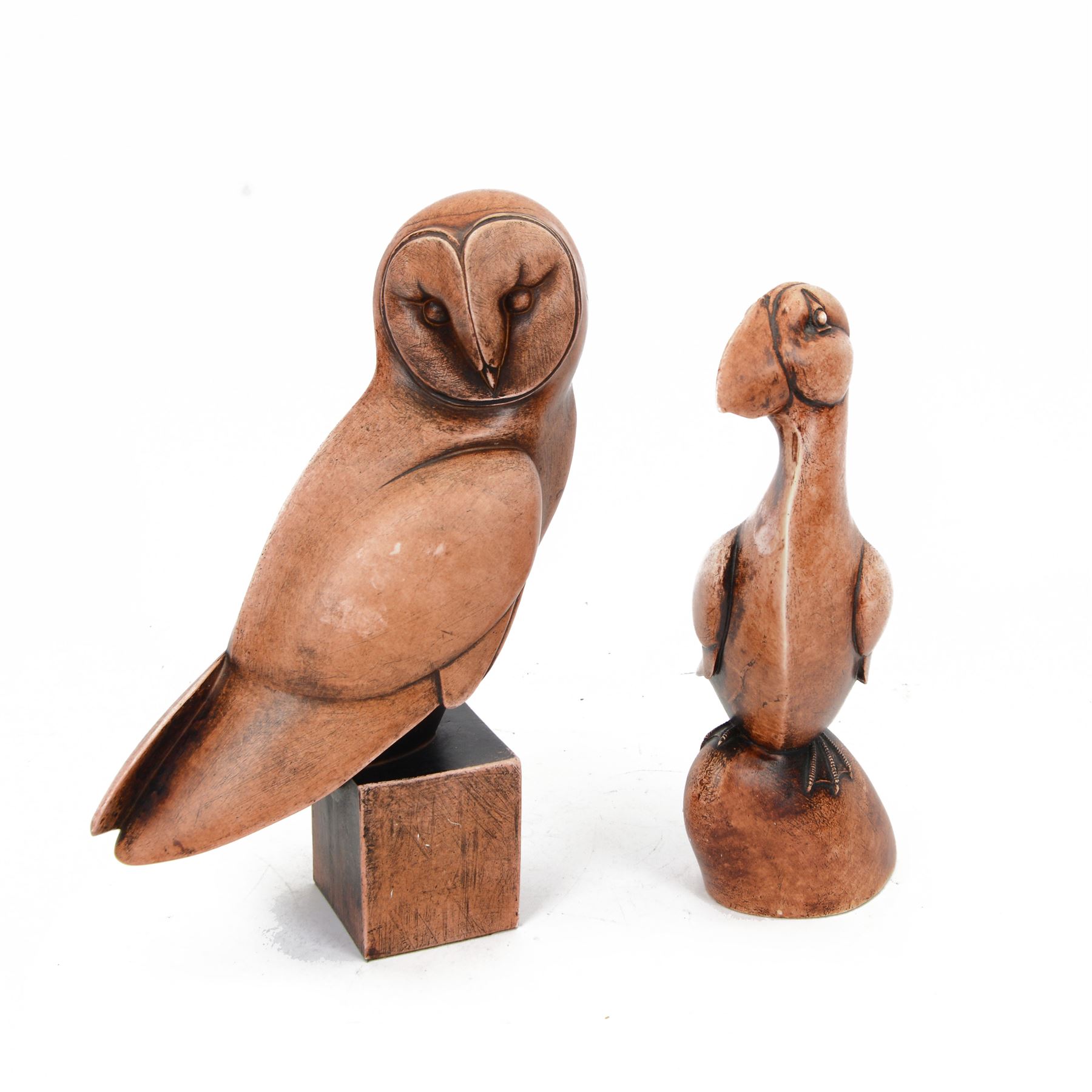 Two Border Fine Arts Gallery Of Modern Art sculptures, modelled as Puffin RW001A and Owl RW002A