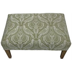 Rectangular footstool, upholstered in laurel green fabric decorated with birds and foliage, on fluted square tapering supports 