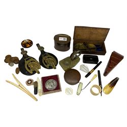 Box mounted with George IV coin, cased set of brass pocket scales, fountain pen with 14ct gold nib, bone glove stretchers, mother of pearl knife, quantity of coins and medals, ivory napkin ring, horse brasses on leather straps etc