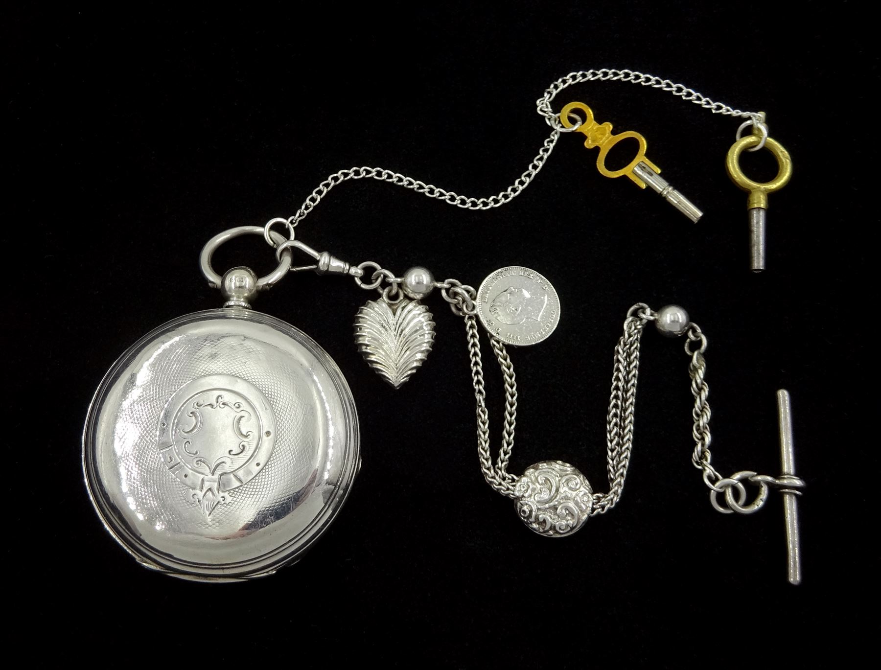 Victorian silver full hunter pocket watch by Grantham, London, No. 55473, white enamel dial with Roman numerals,  case by William Hammon, London 1885, on silver Albertina chain, stamped sterling