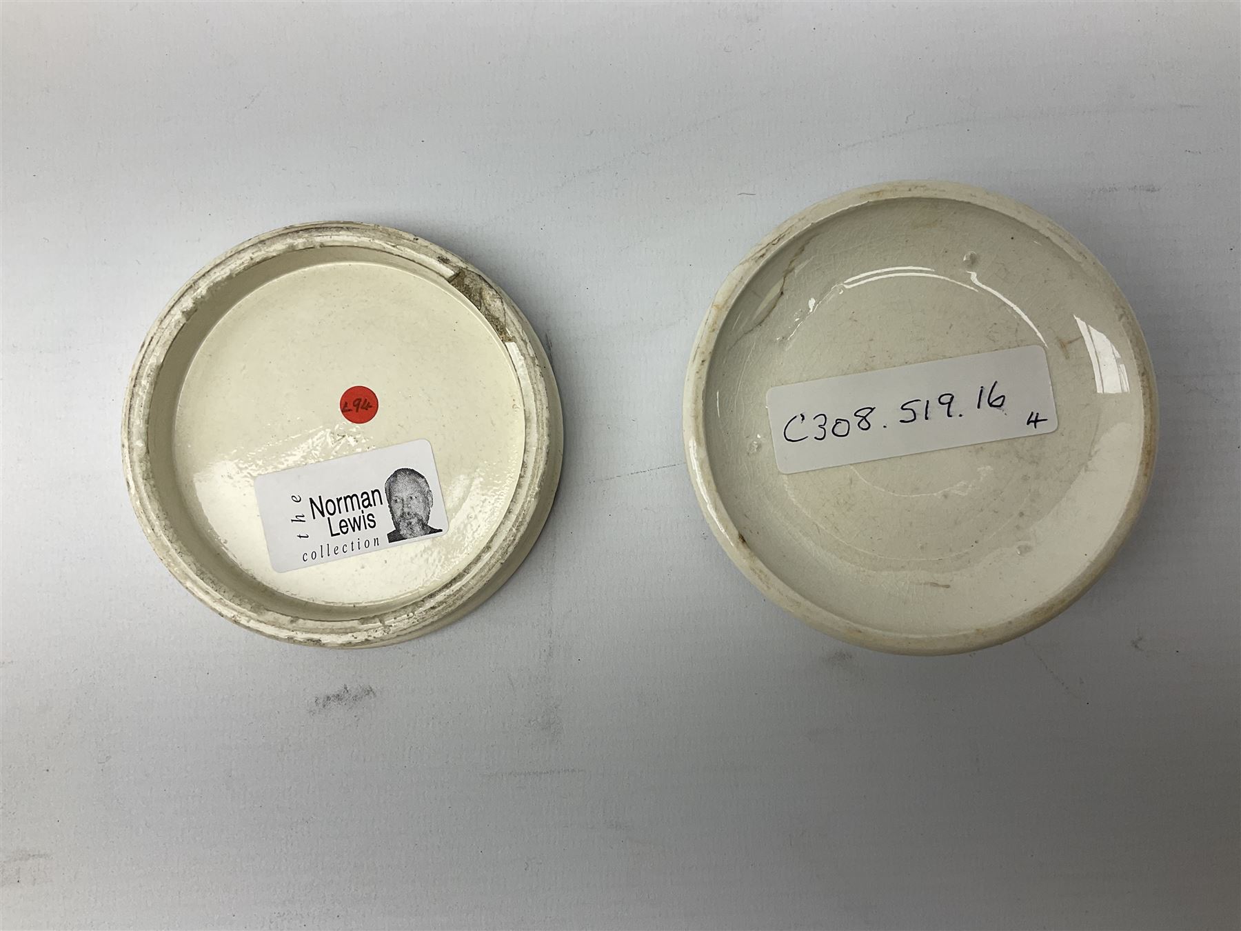  Early Victorian marriage mug for Thomas and Caroline Parkinson dated 11th Sept. 1845 Hull H8cm, similar christening mug for their daughter Hannah Matilda, blue/white transfer printed pot lid with base for Francis Earle, Pharmaceutical Chemist, 22 Market Place, Hull with central study of Holy Trinity Church and clay pipe, the bowl as man's head (4)  