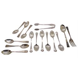 Set of six Edwardian silver York I pattern teaspoons and pair of sugar tongs, hallmarked George Edward & Sons, Sheffield 1909, together with a set of six 1930's silver teaspoons with engraved monogram beneath crown to terminal, hallmarked Northern Goldsmiths Co, London 1934 and 1935, and a mid 20th century silver Montrose pattern spoon and fork set, hallmarked Cooper Brothers & Sons Ltd, Sheffield 1945 and 1946, approximate total silver weight 6.65 ozt (207 grams)