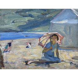 Florence Adelina Hess (Staithes Group 1891-1974): 'Peggy' with a Parasol and Beach Tent at Runswick Bay, oil on panel signed, titled verso 21cm x 26cm 
Provenance: exh. Phillips & Sons, The Dower House, Cookham, May 1981