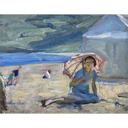  Florence Adelina Hess (Staithes Group 1891-1974): 'Peggy' with a Parasol and Beach Tent at Runswick Bay, oil on panel signed, titled verso 21cm x 26cm 
Provenance: exh. Phillips & Sons, The Dower House, Cookham, May 1981