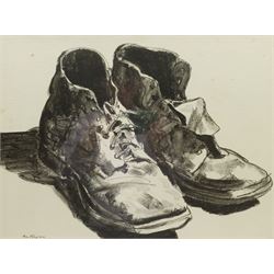 Max Rayton (Australian 20th century): Tough as Old Boots, charcoal signed, dated '46 on exhibition label verso 34cm x 46cm 
Provenance: exh. Royal South Australian Society of Arts, September 1946, label verso