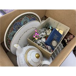 Royal Worcester Gold Chantilly pattern dish, Royal Doulton Naples pattern teapot, Beswick dogs (a/f), other ceramics and glassware to include Royal Doulton etc, die-cast to include Corgi etc, together with a quantity of cds, in five boxes
