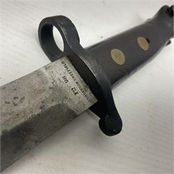 British Pattern 1888 knife bayonet, the 30cm double edged blade by Sanderson with central raised medial ridge and various marks to the ricasso including date code 12 98; in leather covered scabbard with various stamped marks L44cm overall