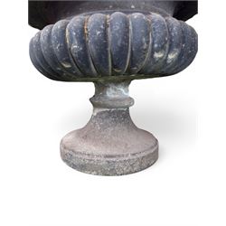 Carved sandstone garden urn, gadrooned campana form