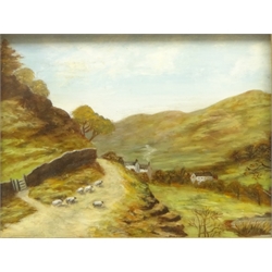  Rural Landscape with Farmhouse and Sheep, early 20th century oil on board unsigned, Horses in a Stable, oil on board, Dogs, colour print in ornate gilt frame and five 20th century Hunting prints max 25cm x 33cm (8)  