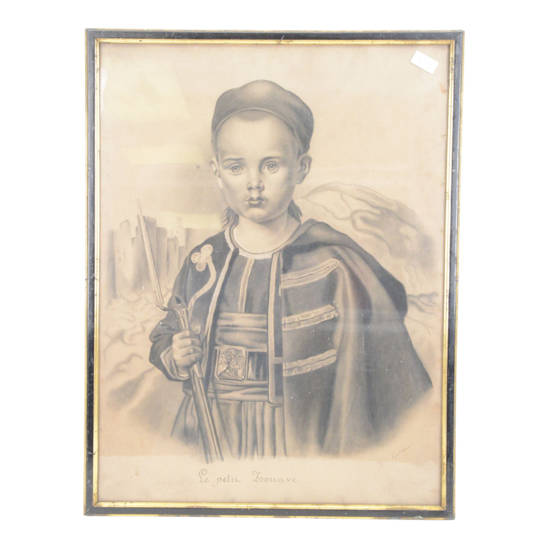 La Petit Zouave framed pencil drawing, W56cm, H73cm 