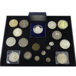 Various coins and fantasy coins including Maria Theresa restrike thalers, United States of America 1922 peace dollar, two 'Bundeskanzler Konrad Adenauer' medallions etc