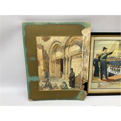 English School (early 20th century): 'The End of the Voyage', watercolour unsigned; English School (19th century): British Officer Uniform, watercolour unsigned together with two unframed watercolours of Abu Simbel and Temple Doors max 29cm x 36cm; Print of Colonel North (Owner of Fullerton) in a hunting scene, print of a 1920's Flapper girl and copper plaque of Marian Buczek max 42cm x 37cm (7)