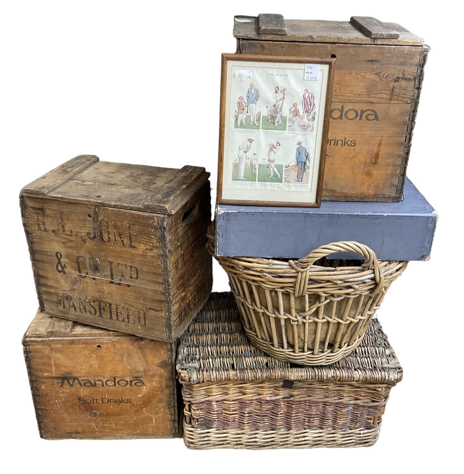 Two wicker baskets, three pine lidded bottle crates with quantity of glass bottles, comprising one with R.L. June & Co Ltd Mansfield black lettering and pair detailed Mandora Soft Drinks, Mappin & Webb blue cardboard box and framed With the Colours Punch 1924 print, larger basket W60cm