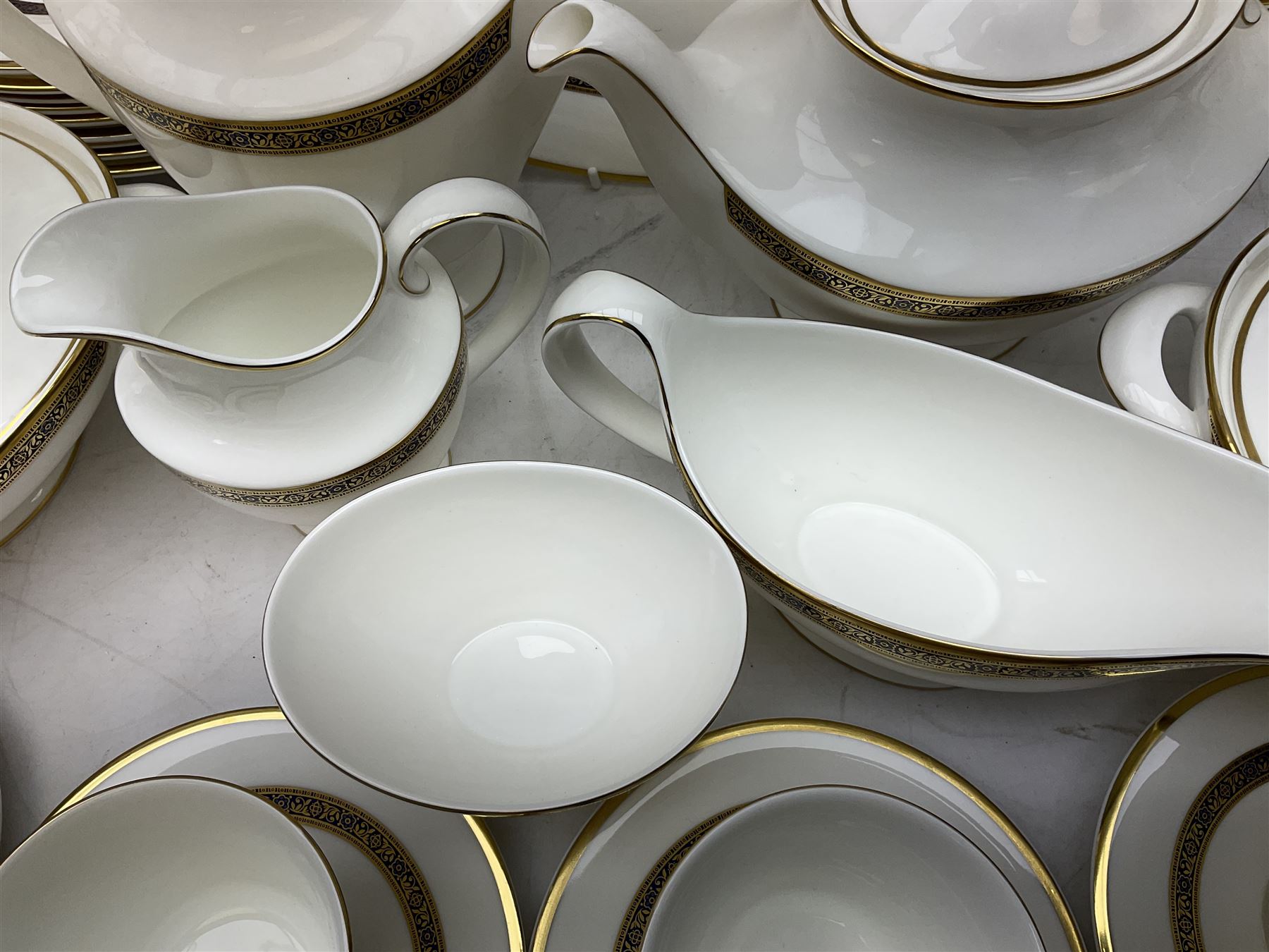 Royal Doulton Harlow pattern tea and dinner service for ten, consisting tea pot, coffee pot, milk jug, open sucrier, cups and saucers, dessert plates, dinner plates, soup bowls, side plates, sauce boat, covered serving dishes, meat plate (67)