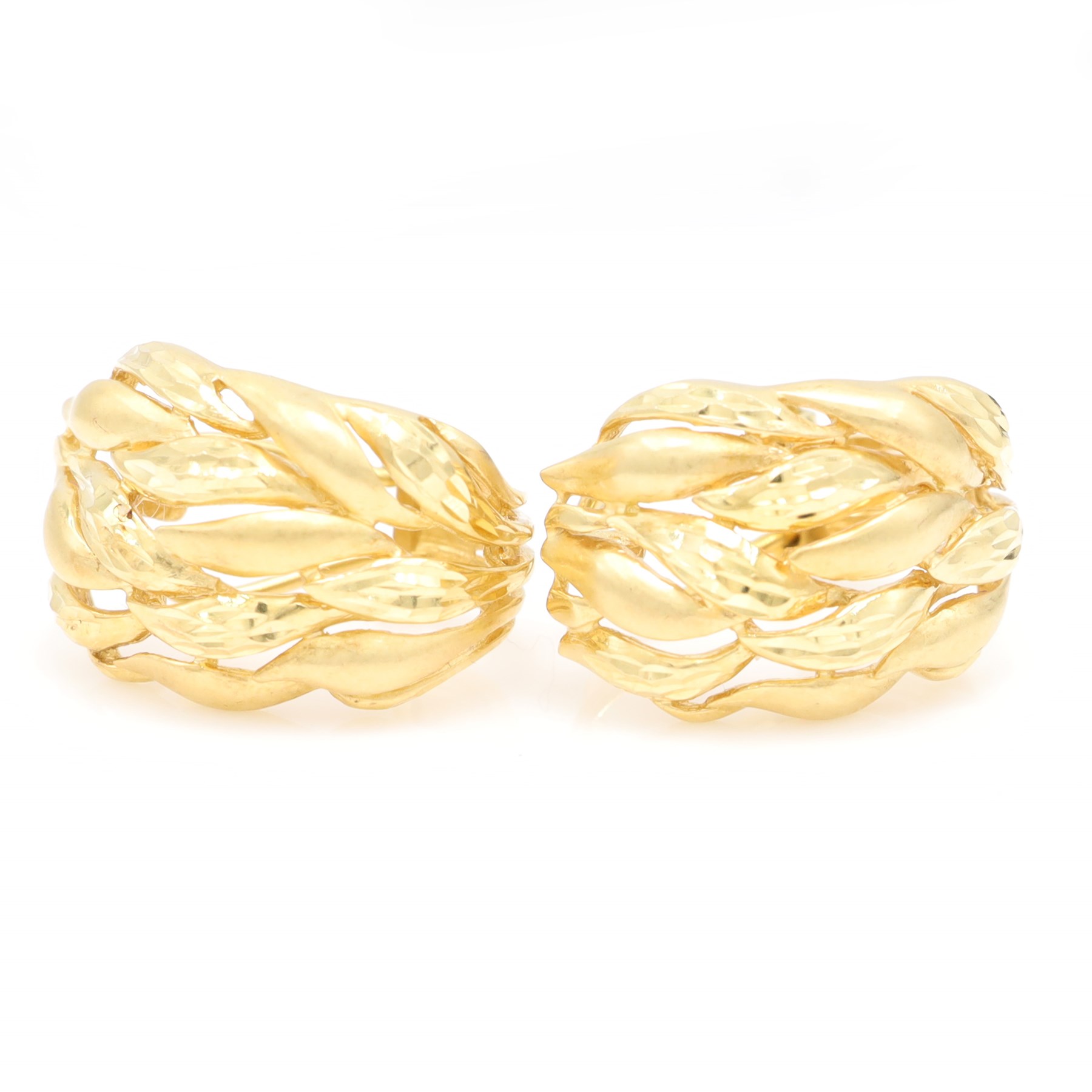 Pair of 18ct gold textured and polished leaf design hoop earrings, stamped 750