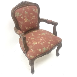 French style oak framed armchair, carved and shaped cresting rail, upholstered back, seat and arm, acanthus carved cabriole legs, W63cm 