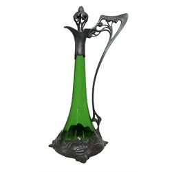 Early 20th century WMF Art Nouveau pewter and green glass ewer, of swept cylindrical form, having a pierced stopper and handle of entwined stems and berry design, the base cast as water nymphs with flowing hair and lily pads, H38cm