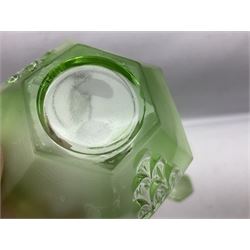 Czech uranium glass dressing table set, comprising twin handled tray, pair of candlesticks, three lidded jars and ring holder dish, and a blue Finnish Riihimäki glass, tray L35cm