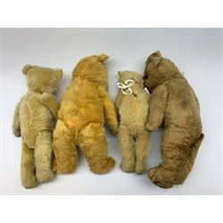 Four English teddy bears 1930s-50s including Chiltern type with swivel jointed head, glass eyes, vertically stitched nose and mouth and jointed limbs H17