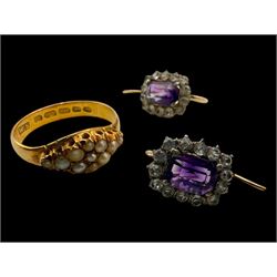 22ct gold pearl cluster ring, hallmarked and a pair of amethyst and white spinel earrings