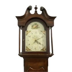 Michael Johnson of Barnard Castle (Yorks) - 30hr oak cased longcase clock c1820, with a swan necked pediment and central finial, break arch hood door flanked by turned pilasters, trunk with canted corners and a long door with a concave shaped top, on a rectangular plinth with a shaped base, painted dial with Arabic numerals, makers name, brass stamped hands and date aperture, countwheel striking, chain driven movement striking the hours on a bell.