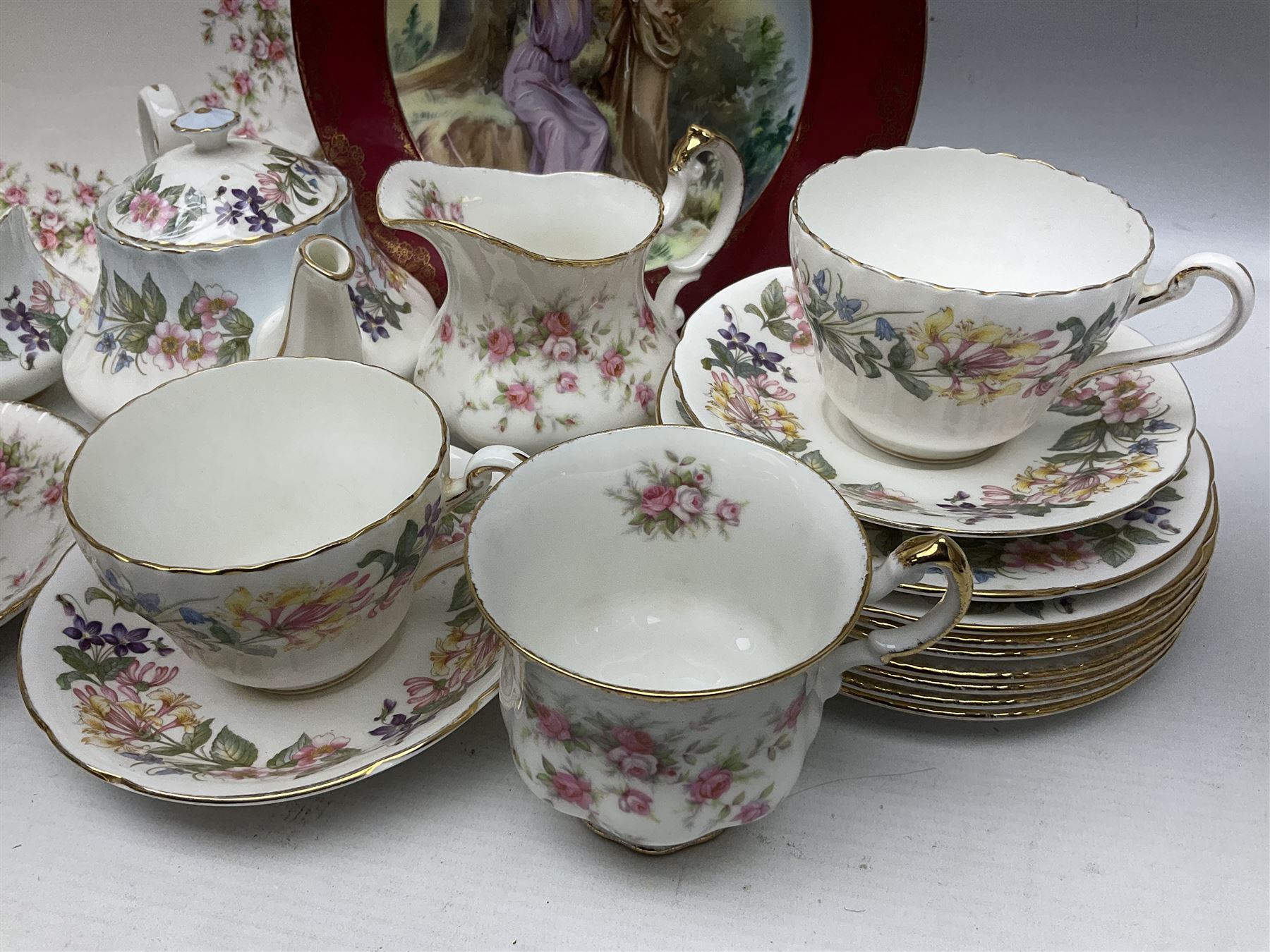 Paragon Victoriana Rose pattern tea service six and Paragon Country Lane pattern tea service for two and Vienna style plate