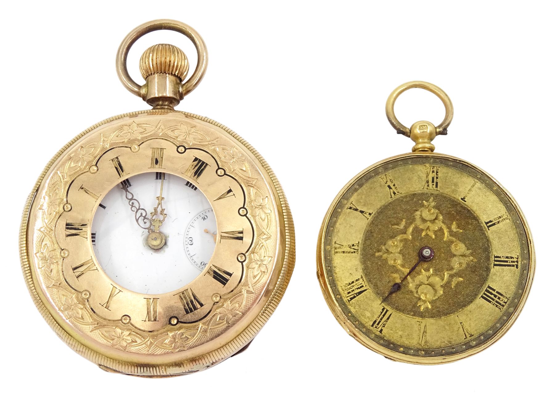 Early 20th century 14ct gold half hunter Swiss lever pocket watch, white dial with Roman numerals and subsidiary seconds dial and an 18ct gold open face cylinder pocket watch, both stamped