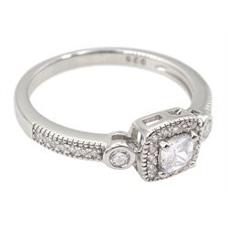 Silver square cubic zirconia cluster ring, with stone set shoulders, stamped 925 