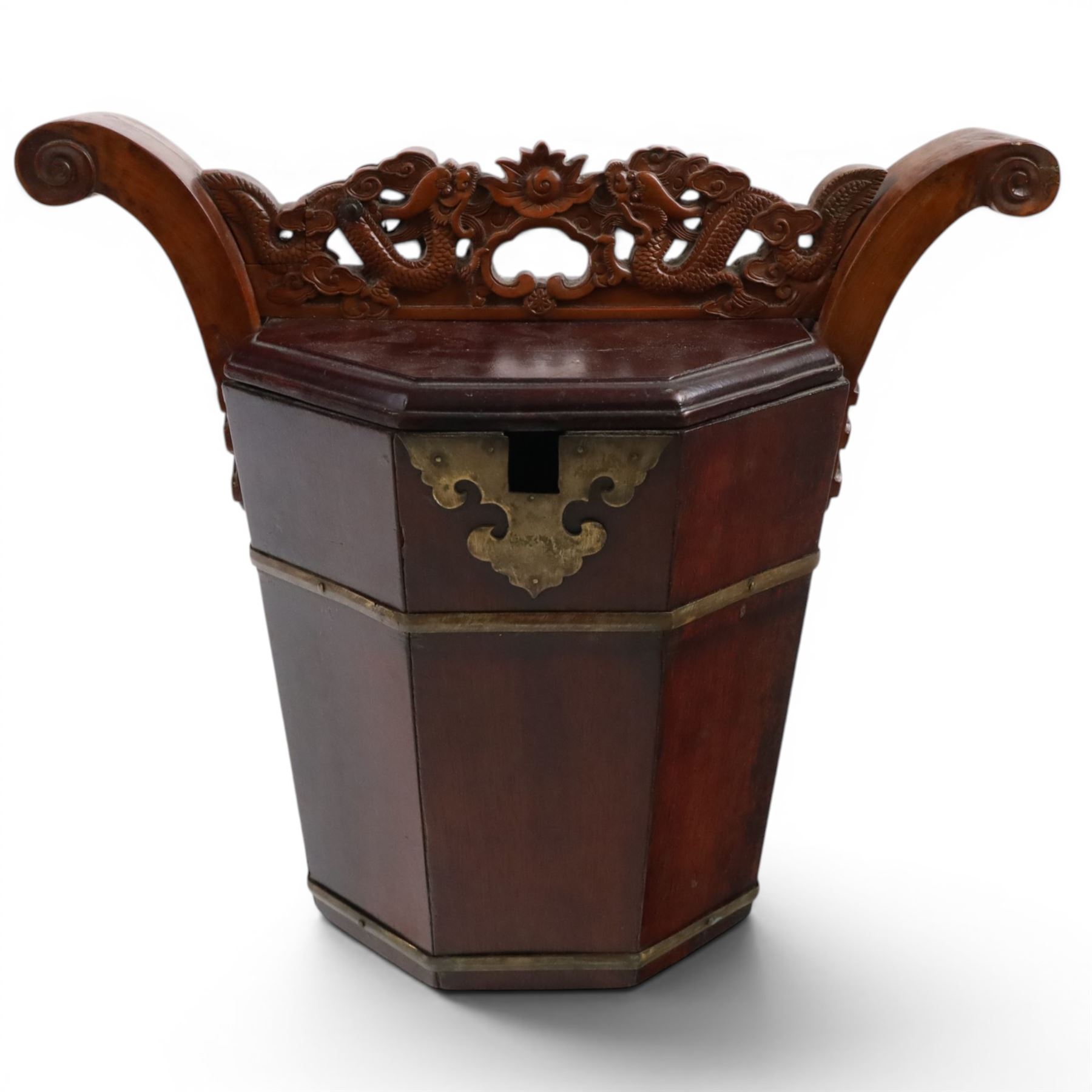 19th century Chinese red lacquer wedding basket, with a carved handle in the form of dragons, H25cm