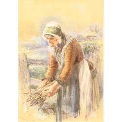 Attrib. James Hardy Snr (British 1801-1879): Elderly Woman Gathering Firewood, watercolour signed 'J Hardy' and dated '49, 24cm x 17cm