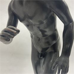 Bronzed figure of a nude male, upon a stepped marble base, H45cm