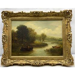 J Wallace (British 19th Century): Boats on the Wetlands, oil on panel signed 25cm x 36cm 