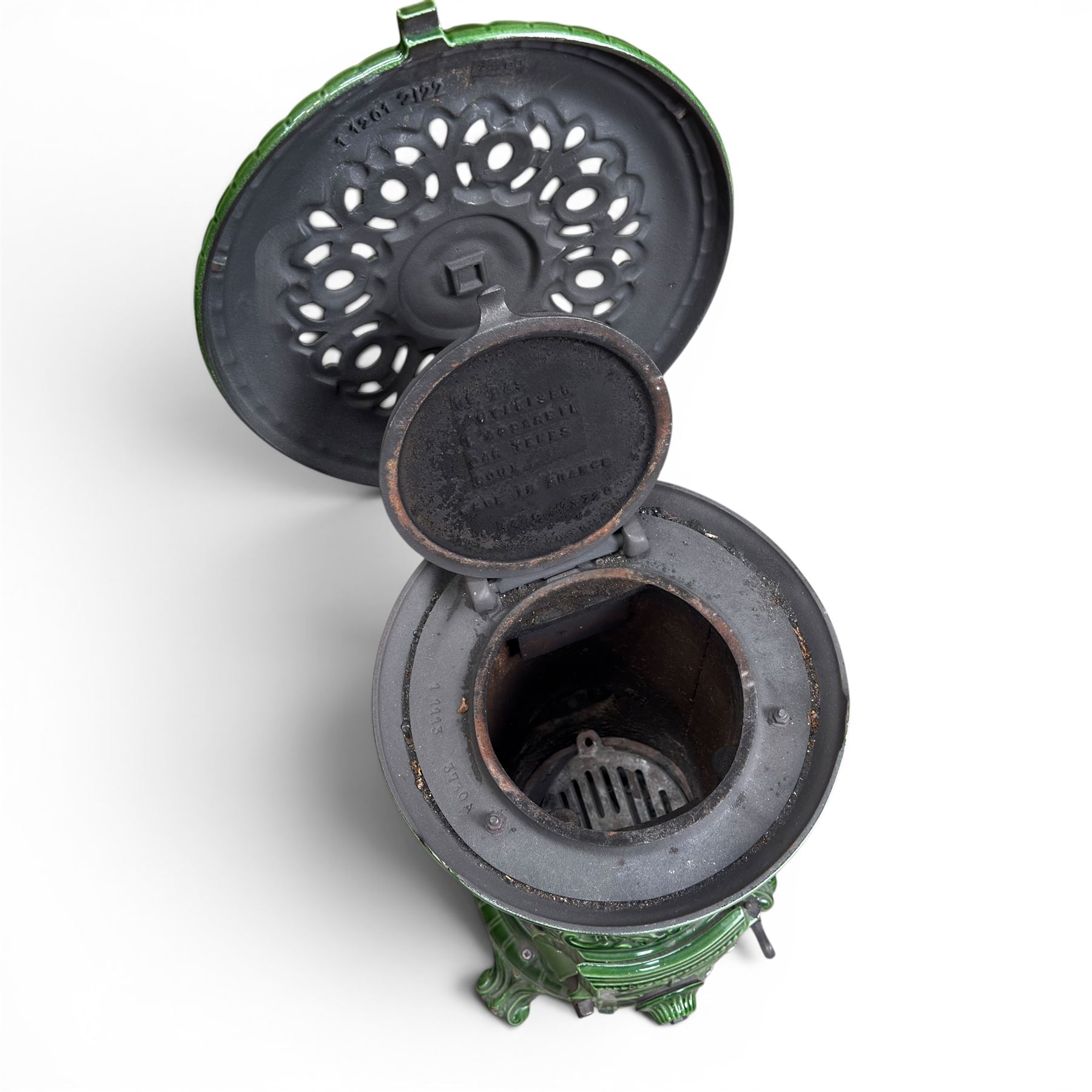 French Godin cast iron enamel stove, circular form, finished in green and black paint
