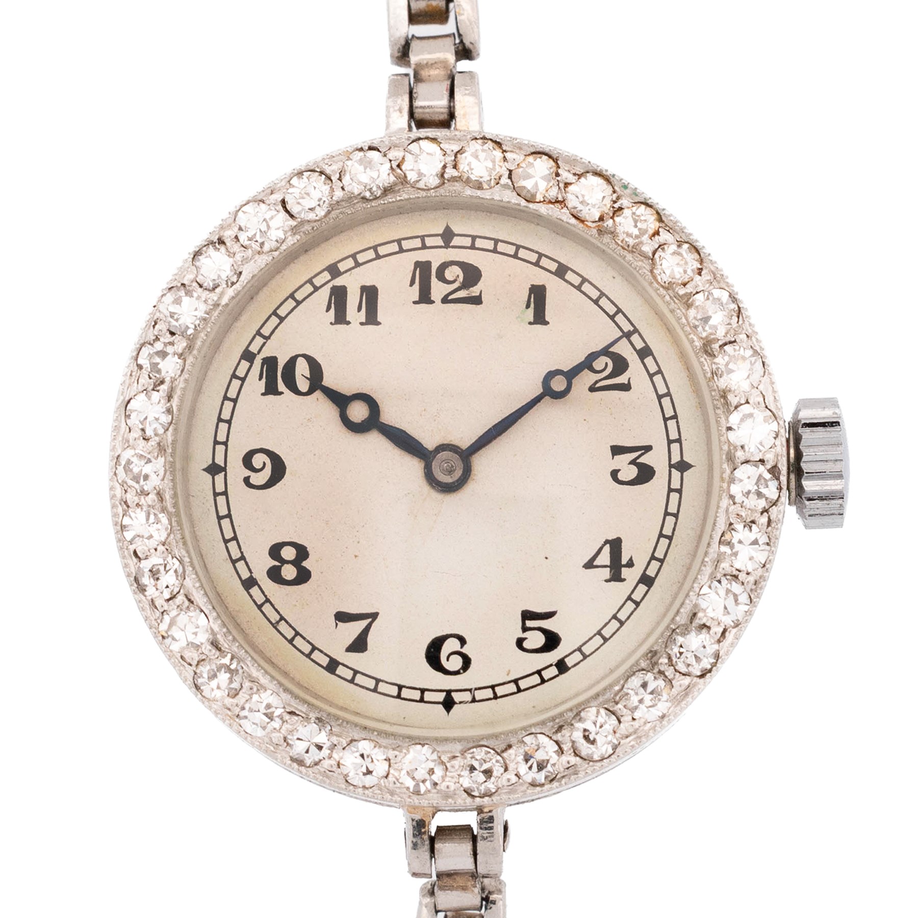Audemars Piguet & Co Art Deco ladies platinum, diamond set manual wind wristwatch, movement No. 19931, cream / silvered dial with Arabic hour markers, the bezel milgrain set with round cut diamonds, to a platinum expanding bracelet
