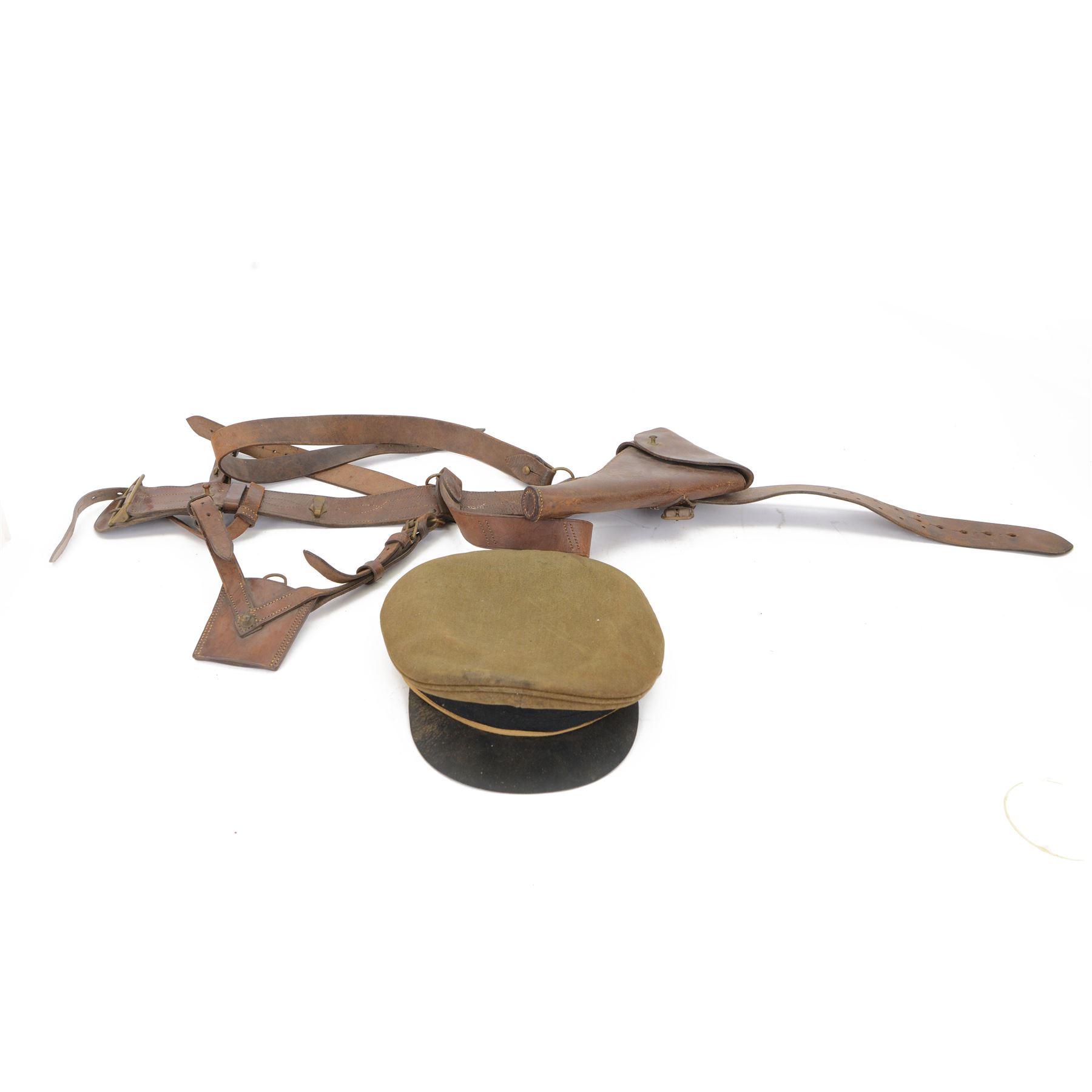 Bates service cap with hand written poem inside, together with Officer's Sam Browne brown leather belt, pistol holder and sword frog