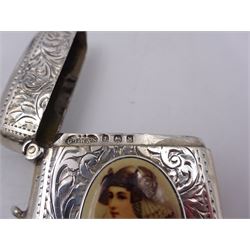 1920s silver vesta case, of typical form with engraved foliate decoration and ceramic oval plaque to front depicting a young woman, hallmarked G F Westwood & Sons, Birmingham 1921, H5.2cm