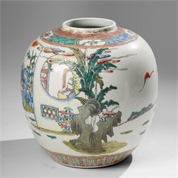 Chinese famille verte ginger jar, painted with figures in a garden setting, apocryphal Qianlong mark to base, H24cm