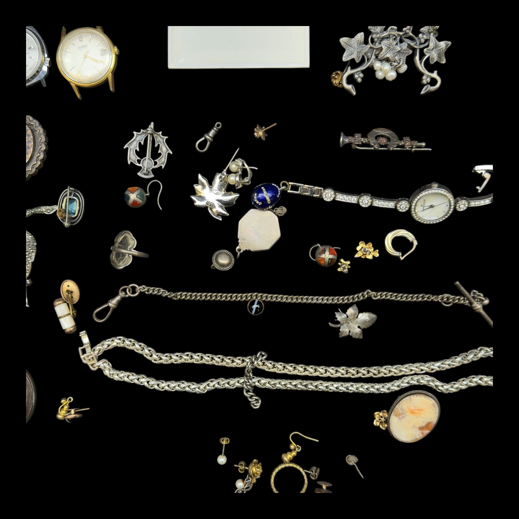 9ct gold chain, silver jewellery including Victorian brooches, earrings, chain, continental 800 standard pocket watch, etc and costume jewellery