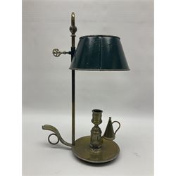 19th century brass Bouillotte candle lamp with adjustable green tole painted shade, with a circular base and snuffer, H36cm