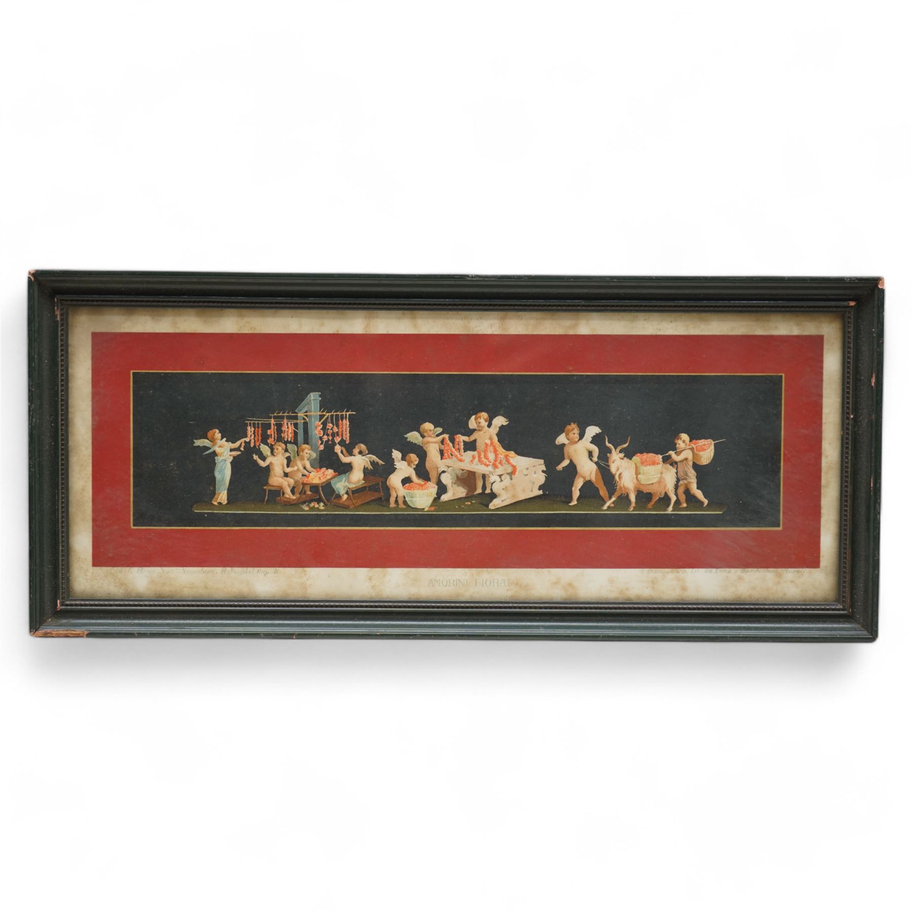 Geramia Discanno (Italian 1839-1907): Pompeii Frescos of Putti and Amorini, set seven 19th century lithographs with hand-colouring pub. 'Pompeii, House of the Vettii, Piccoli Amorini', Italy c.1890 max 18cm x 50cm (7)
Notes: Discanno was an Italian genre and landscape painter, who collaborated with archaeologists, lithographers and art historians to record the wall paintings in the Roman ruins of Pompeii and Herculaneum that were being excavated at the time.