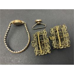 9ct gold jewellery including leaf brooch, wishbone Mizpah brooch, carnelian brooch, gold cased ladies Omega wristwatch, on leather strap and gold cased ladies Tissot wristwatch on expanding gilt strap, together with silver brooches and a Czech paste buckle, etc