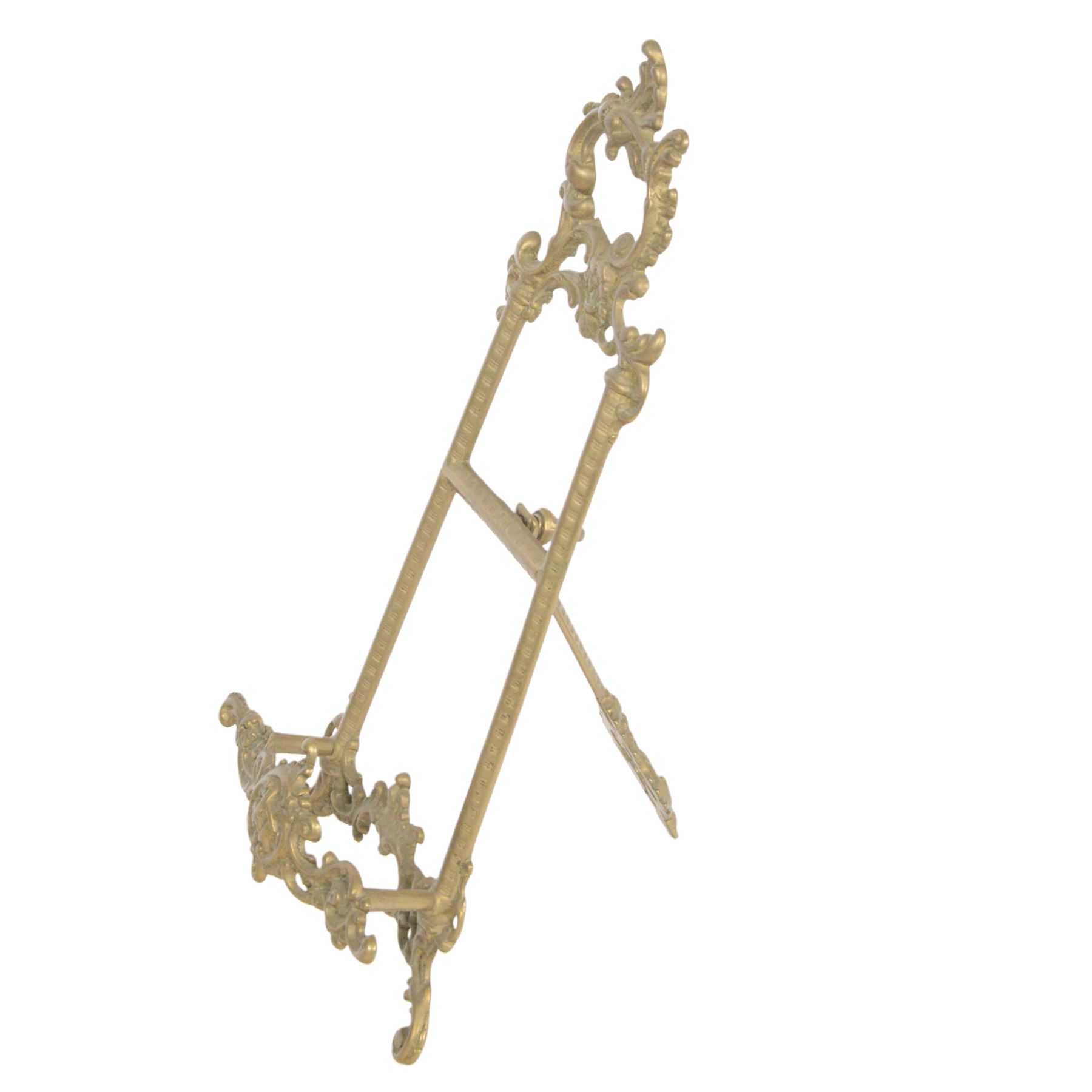 Three Baroque design brass table easels, the largest with cast mask detail, H47cm, and two matched graduated examples, smallest H25cm