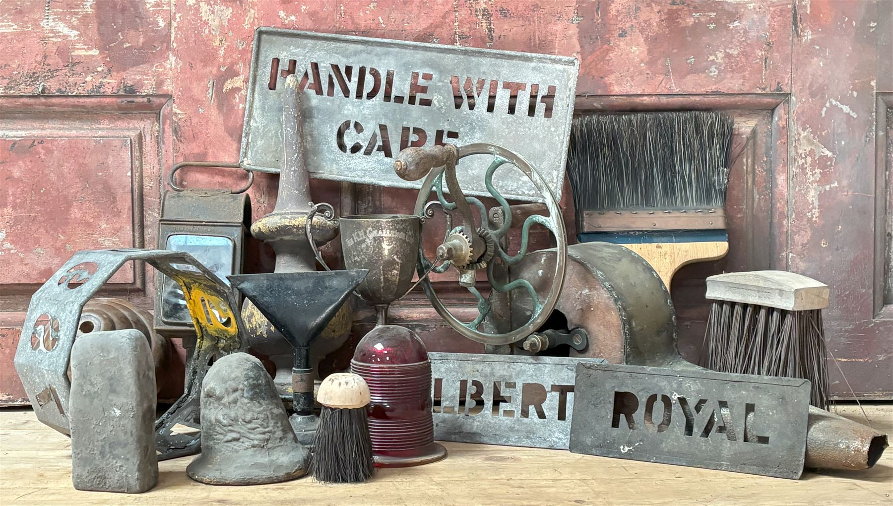 Group of unusual decorative items, to include stencils, finials, hand cranked brass fireplace bellows, a large turned and painted finial, etc.  - COLLECTION BY APPOINTMENT FROM: The White House, Thirsk Road, Easingwold, York, YO61 3NF - CALL 01723 507111 TO ARRANGE