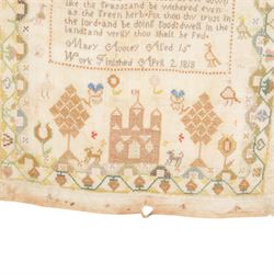 Early 19th century sampler worked by Mary Audley aged 15 years dated 1818, depicting alphabet and numbers above a religious passage, bordered by animals, buildings and insects, unframed, H45cm