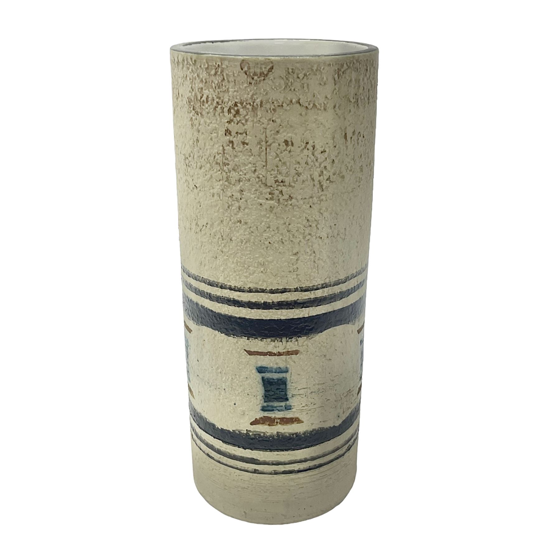 Troika cylindrical vase decorated with circles upon a striped backdrop, designed by Linda Taylor, with painted marks beneath, H14cm